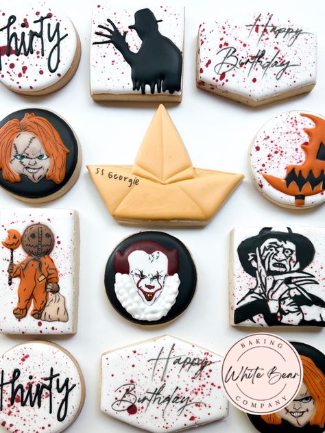 Horror Movie Sugar Cookies, Horror Movie Cookies Decorated, Horror Movie Cookies, Horror Cookies, Scary Halloween Cookies, Gingerbread Halloween, Movie Cookies, Cookie Decorations, Decorative Cookies