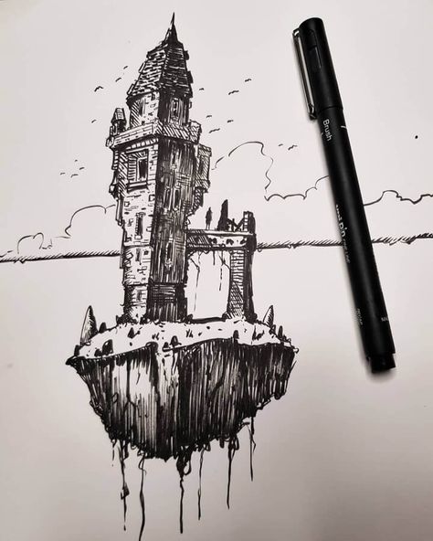 Floating City Drawing, Floating Island Illustration, Floating Island Drawing, Fantasy Architecture, Ink Pen Art, Room Photography, Floating City, Animation Art Sketches, Moon Art Print