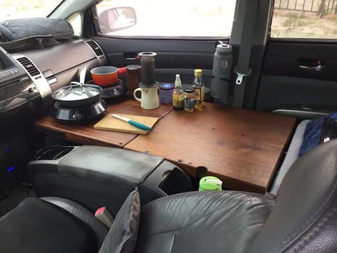 Cooking In Your Car, Sedan Car Camping, Prius Living, Prius Camper, Car Camper Conversion, Small Camper Vans, Bil Camping, Minivan Camper, Sleeping In Your Car