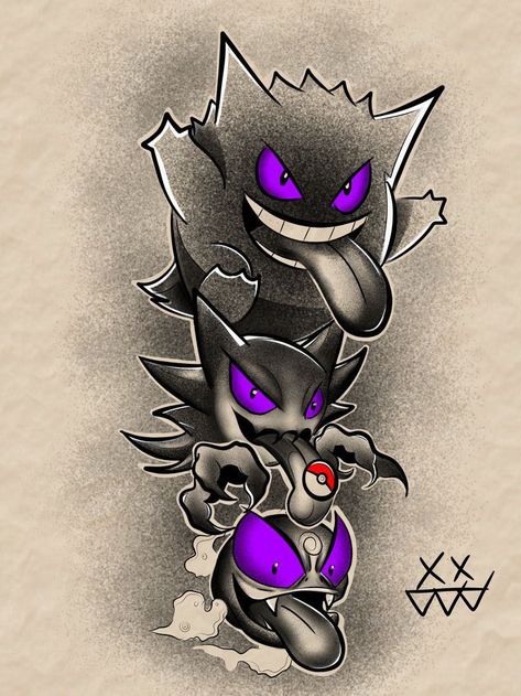 Gengar Pokemon Tattoo, Gengar Tattoo, Haunter Pokemon, Dark Pokémon, Pikachu Tattoo, Doflamingo Wallpaper, Gengar Pokemon, Ghost Pokemon, Japan Tattoo Design