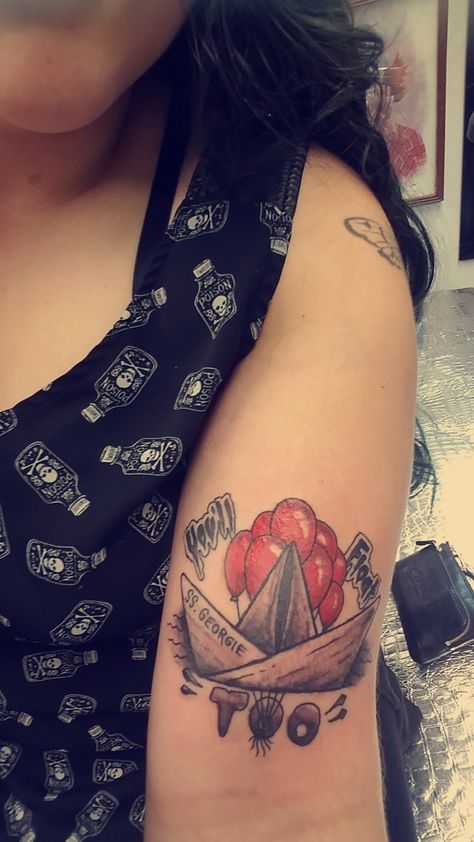 It Clown Tattoo, Pennywise Tattoo, It Clown, Boat Tattoo, Clown Tattoo, You'll Float Too, Horror Tattoo, Paper Boat, Body Mods