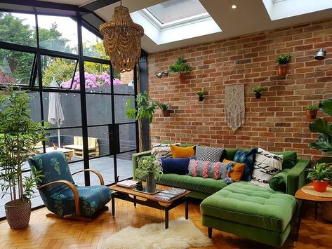 I haven't done a throwback in a while so here's before and after shot of our hallway. . . . . . #victorianhouse #victorian… Green Couch Brick Wall, Exposed Brick Walls Living Room, Brick Wall Living Room Ideas, Exposed Brick Living Room, Brick Interior Design, Brick Wall Living Room, Brick Living Room, I Ready, Earthy Home Decor