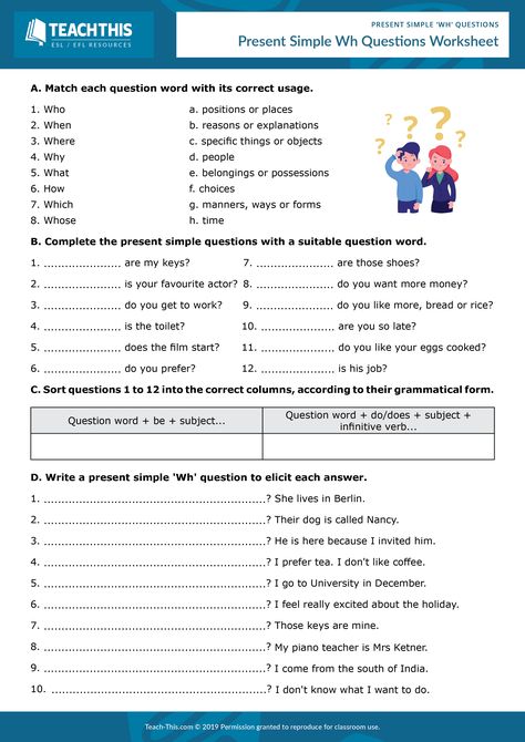 ESL Present Simple Wh Questions Worksheet - Reading and Writing Activity - Elementary (A1-A2) - 20 minutes This free worksheet helps students learn and practice present simple 'Wh' questions and question words. Wh Words Activities, Present Simple Wh Questions Worksheets, Ms Word Practice Exercise, Wh Words Worksheet, Question Words Activities, Wh Question Worksheet, Esl Present Simple, Question Words Worksheet, Wh Questions Worksheet