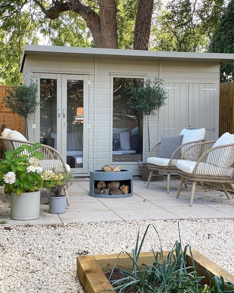 S U M M E R H O U S E ☀️ We have nearly finished this area of the garden now, and the new finishing touches of the gorgeous furniture from… | Instagram Garden Design With Summer House, Garden Room And Shed, Painted Summer House, Garden Annexe Ideas, Garden Decking Ideas Layout, Summer House Ideas, Garden House Ideas, Back Garden Landscaping, Garden Seating Area