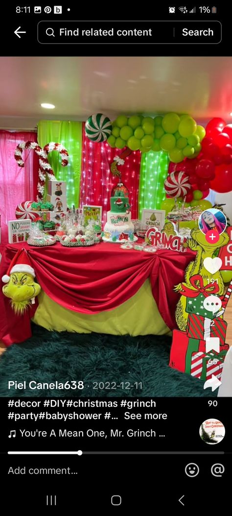 Grinch Themed Christmas Party Decorations, Grinch Theme 2nd Birthday, Baby Shower Grinch Theme, Grinch Theme Baby Shower Ideas, Grinch Baby Shower Ideas Girl, The Grinch Baby Shower Theme, How The Grinch Stole Christmas First Birthday, She’s A Sweet One Grinch Birthday, Grinch Baby Shower Ideas