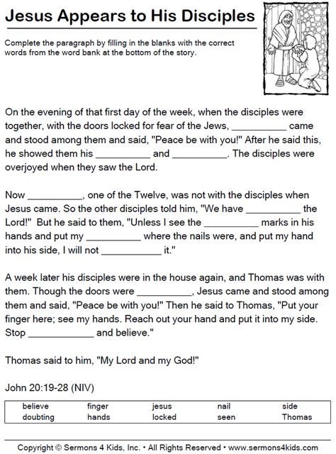 Jesus Appears to His Disciples - Fill in the Blanks Jesus Calling His Disciples Craft, Jesus Chose Disciples Craft, Doubting Thomas Craft, Jesus Appeared To The Disciples Craft, Jesus Appears To The Disciples Craft, Jesus With Disciples, Disciples Craft, Jesus Appears To His Disciples, Bridge Kids