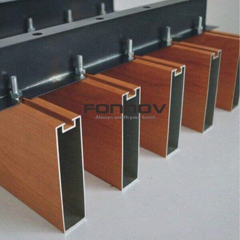 Timber Baffle Ceiling With Extruded Aluminum | FONNOV CHINA Baffle Ceiling, Ceiling Solutions, Interior Kantor, Exterior Wall Cladding, Aluminium Cladding, Wooden Facade, Cladding Systems, Wood Slat Wall, Entrance Gates Design