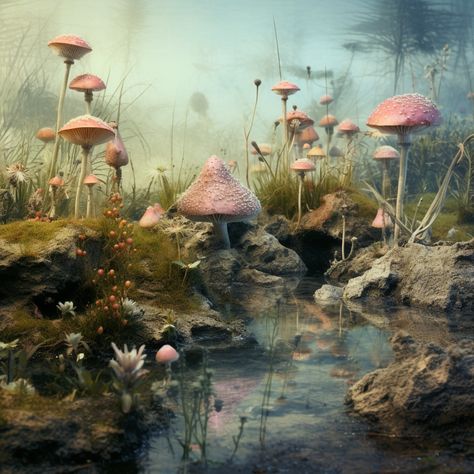 Fairy garden with mushrooms and toadstools art #fairy #fairycore #mushroom #toadstool #fairygarden #art #mushroomart Toadstools Art, Fairy Aesthetic Mushroom, Swamp Core, Fantasy Forest Mushrooms, Fairy Digital Art, Mushroom Fairy Background, Fairycore Mushroom, Mushroom Forest Fantasy Art, Mushroom Fairy Forest Art