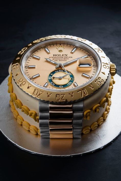 This Rolex-inspired cake is the epitome of luxury and attention to detail, making it the perfect addition to any sophisticated birthday celebration. With elements that mimic the iconic features of a Rolex. It's an ideal choice for someone who appreciates the craftsmanship of luxury watches #rolexcake #cakeideas #birthdaycake #luxurycake #designercake #celebrationcake #cakeinspiration #cakedecorating #baking #sweetreats Rolex Party Theme, Men Cake Ideas, Rolex Cake, 27 Birthday Ideas, Watch Cake, Cake Samples, Men Cakes, Unique Birthday Cakes, Luxury Cake