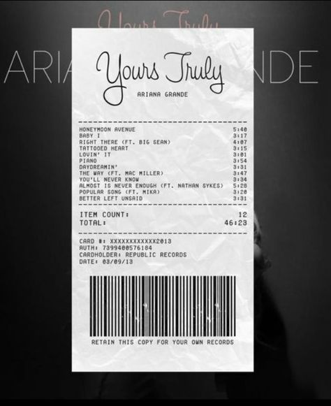 Ariana Grande Receipt, Ariana Grande Album Receipt, Ariana Grande Honeymoon Avenue, Ariana Grande Yours Truly, Album Receipts, Album Receipt, Coloring Cafe, Ariana Grande Perfume, Ariana Grande Album