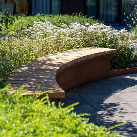 Landscape Architecture Presentation, Wooden Chairs, Space Projects, Wall Seating, Retaining Walls, Corten Steel, Garden Seating, Wooden Tops, Architecture Presentation