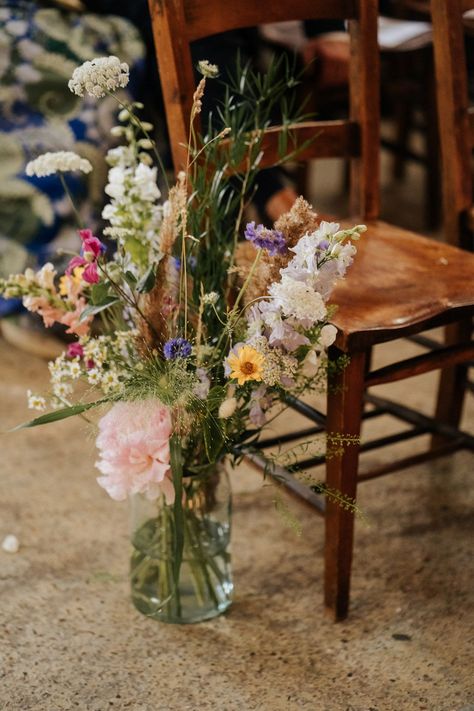 Aisle Flowers Vases, Wildflower Aisle Arrangements, Floral Wedding Aisle Decorations, Wedding Aisle Vases, Wedding Signing Table Flowers, Delphinium Flower Wedding, Wildflower Wedding Chairs, Bud Vases Down Aisle Wedding, Wildflower Ceremony Isle