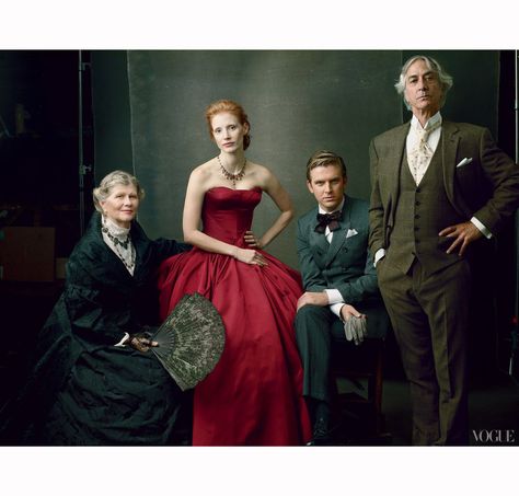 Jessica Chastain with Judith Ivey, Dan Stevens, and David Strathairn, photo by Annie Leibovitz, Vogue US Celeb Photoshoot, David Strathairn, Anne Leibovitz, Annie Leibovitz Photos, Annie Leibovitz Photography, Vogue Photoshoot, Nyc Travel, Dan Stevens, Group Photography