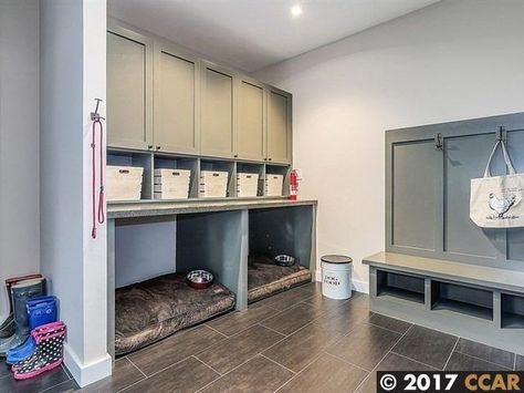 Mudroom With Dog Bed, Boot Room Ideas With Dog Bed, Laundry Room With Dog Bed, Dog Bowls In Mudroom, Mudroom Dog Kennel, Mudroom With Dog Kennel, Mudroom Countertop, Mud Room Dog Space, Closet Dog Room