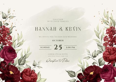 PSD floral wedding invitation template s... | Premium Psd #Freepik #psd #wedding-invitation-watercolor #floral-wedding-invitation #wedding-watercolor #wedding-invitation-flower Leaves Decoration, Free Wedding Invitation Templates, Burgundy Roses, Unique Wedding Cards, Floral Invitations Template, Free Wedding Invitations, Trendy Wedding Invitations, Green Wedding Invitations, Wedding Invitation Card Design