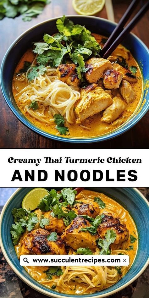 Whip up this Easy Creamy Thai Turmeric Chicken and Noodles for a quick and satisfying meal! With its creamy texture and vibrant flavors, this dish brings a taste of Thailand to your dinner table in no time. Thai Lemongrass Chicken Soup, Turmeric Chicken Noodle Soup, Thai Curry Noodles, Thai Chicken Noodle Soup, Chicken And Noodles Recipe, Healthy Noodle Recipes, Baked Chicken Spaghetti, Thai Chicken Noodles, Easy Thai Recipes