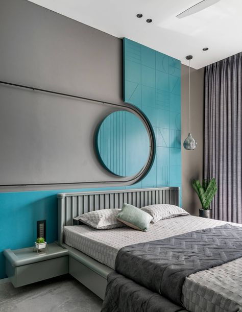 Blue Bed Back Design, Bed Panelling Modern, Bed Wall Panelling Design, Blue Bedroom Interior Design, Head Boards Ideas, Headboard Wall Design, Bed Headboard Design Modern, Bedroom Headboard Design, Bed Back Wall Design