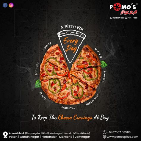 A pizza for every day to keep the cheese cravings at bay. #unlimited #unlimitedfood #pizza #garlicbread #lunch #dinner #restaurant #pizzarestaurant #pizzatime #food #unlimitedpizza #pomospizza #Ahmedabad Monster Pizza, Creative Pizza, Pizza Poster, Coffee Advertising, Foodie Pics, Dinner Restaurant, Business Branding Inspiration, Adobe Photoshop Design, Pizza Day