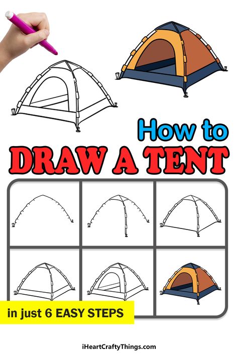 How To Draw A Tent Easy, Camping Drawing Simple, Tent Drawing, English Drawing, Trin For Trin Tegning, Camping Drawing, Camp Tent, Easy Draw, Drawing Lessons For Kids