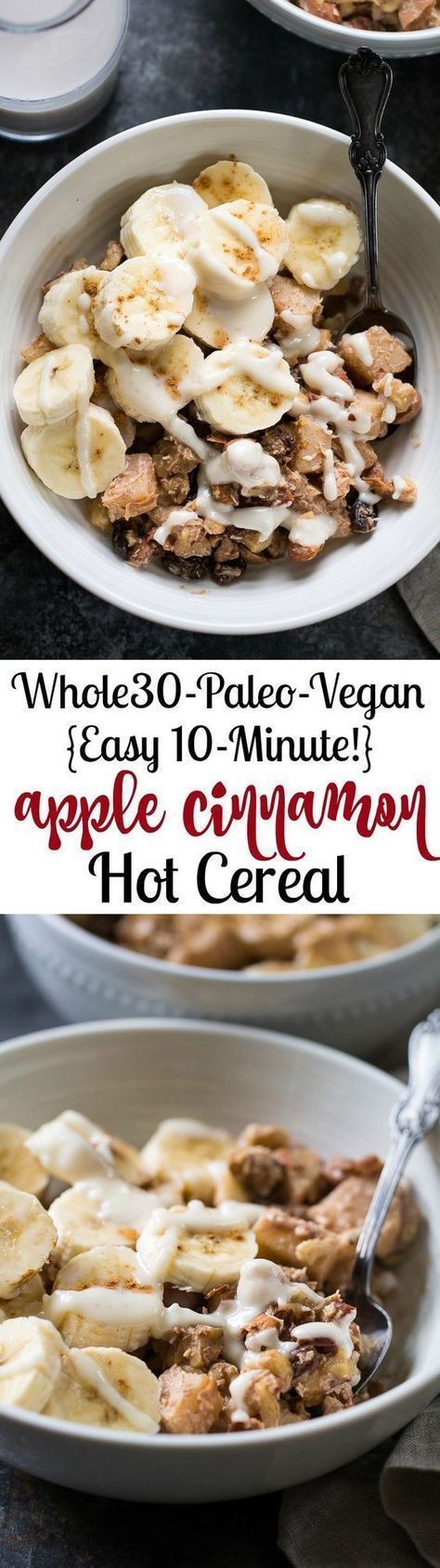 This easy Apple Cinnamon Paleo Hot Cereal is ready in just 10 minutes, free of added sugar, Paleo, Whole30 compliant and vegan. Just as delicious for an afternoon snack as it is for breakfast! Patisserie Vegan, Whole 30 Breakfast, Whole 30 Diet, Hot Cereal, Afternoon Snack, Paleo Vegan, Recipe 30, Paleo Whole 30, S'mores