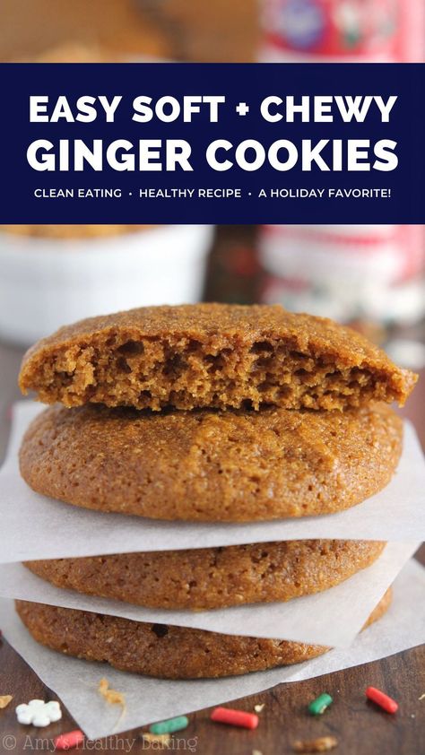 Healthy Ginger Cookies Recipe — Soft, Chewy & Easy to Make! | Amy's Healthy Baking Soft Gingerbread Cookies No Molasses, Whole Wheat Gingerbread Cookies, Ginger Snacks Healthy, Low Fat Gingerbread Cookies, Ginger Cookies Healthy, Ginger Snap Cookies Without Molasses, Ginger Cookies For Nausea, Soft And Chewy Ginger Molasses Cookies, Eggless Ginger Cookies