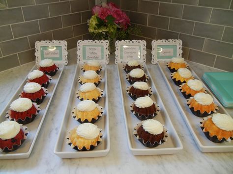 A variety of Bundtinis from Nothing Bundt Cakes were a hit with the guests.  We displayed them on long platters from IKEA & labeled them with mini frames from Michaels.  Just add some coordinating flowers & you're good to go! Nursing Cake, Cake Calories, Nothing Bundt, Nothing Bundt Cakes, Mini Bundt, Lemon Bundt Cake, Mini Bundt Cakes, Cake Sizes, Bundt Cakes