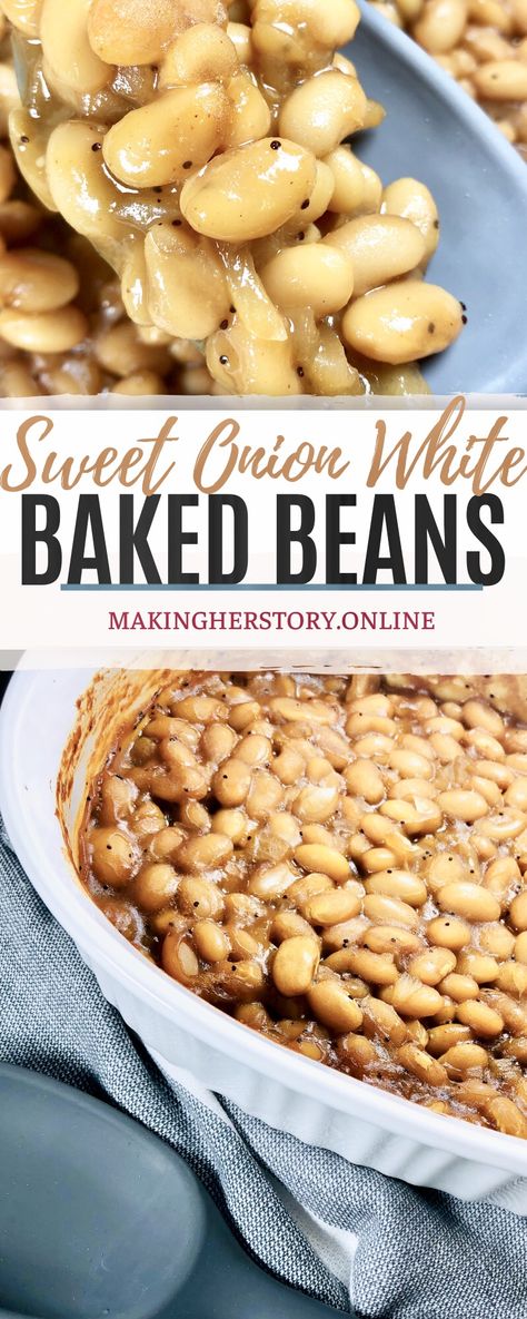 Sweet Onion Baked Beans; add some class to your Baked beans! Recipes With Northern Beans, Healthy Baked Beans, Easy Baked Beans, Beans In Crockpot, White Bean Recipes, Lentils Beans, Holistic Recipes, Baked Bean Recipes, Northern Beans