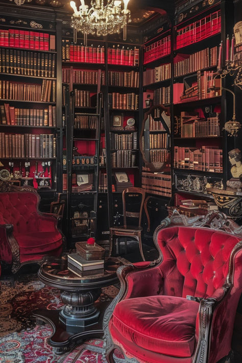 "Fantasy Red Vintage Library" Step into the book lover's world of dark academia. This library of knowledge is draped in a vintage aesthetic, with rooms bathed in dark amber and crimson red. Each corner of this library is a whisper from the past, where old books with rich tales awaits. #VintageElegance #GothicLibrary #DarkAesthetics #bookish #bookloveraesthetic Old Gothic Library, Dark Purple Library Aesthetic, Red Steampunk Aesthetic, Victorian Academia Aesthetic, Red Library Aesthetic, Dark Academia Library Wallpaper, Old Red Aesthetic, Red Buildings Aesthetic, Red Dark Academia Aesthetic