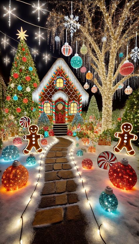 Gingerbread House Christmas Lights, Gingerbread Outdoor Christmas Decor, Christmas Screen Savers, Oversized Ornaments, Snowflake Template, Pathway Lights, Merry Christmas Pictures, Christmas Yard Decorations, Snowy Trees