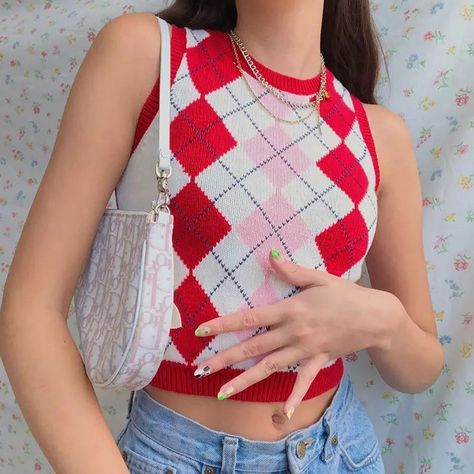 Argyle Sweater Vest, Plaid Crop Top, Sleeveless Jumper, Sweater Vest Women, Sweater Crop, Argyle Sweater, Crop Top Sweater, Style Streetwear, Looks Vintage