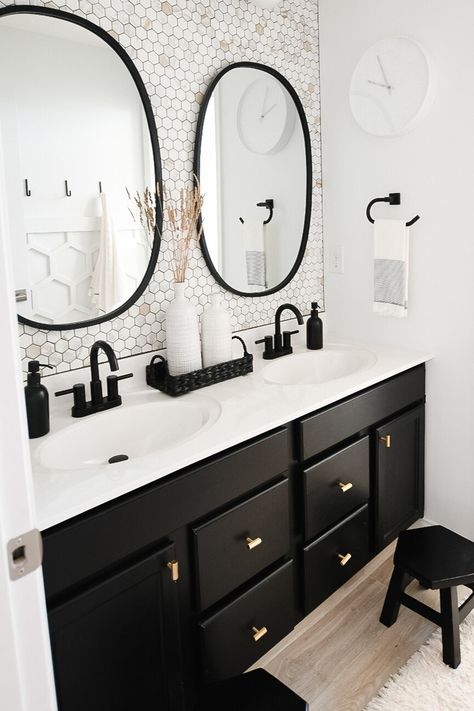 Kids Bathroom Renovation, Small Bathroom Wallpaper, Diy Budget, Bathroom Redesign, Small Bathroom Makeover, Black Vanity, First House, Bathroom Remodel Designs, Boys Bathroom