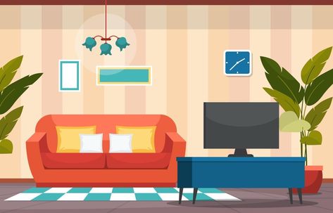 Living Room Vector Illustration, Living Room Illustration Cartoon, Living Room Cartoon Background, Plant In Living Room, Living Room Vector, 1950s Living Room, Living Room Clipart, Human Animation, Living Room Cartoon