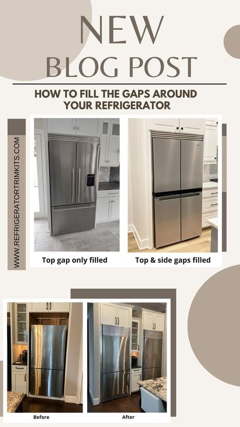 1. Should you fill in just the top gap or the top and side gaps? 2. Refrigerator gap filler options 3. How to install a trim kit #diy #kitchen #fridge #refrigerator #remodel #interiordesign #homedecor #modernkitchen #bertazzoni #luxurykitchen Fridge Gap Ideas, Refrigerator Gap Filler, Gap Between Fridge And Cabinet, Trim Around Fridge, Fill Gap Above Refrigerator, Gap Above Fridge, Refrigerator Trim Kit, Bertazzoni Refrigerator, Refrigerator Layout