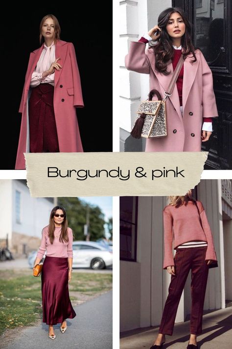 Dallas fashion blogger shares how to style burgundy for all and winter—burgundy and pink outfit inspiration Winter Style Dress Outfit Ideas, Burgundy Jeans Outfit Summer, Work Outfits With Burgundy Pants, Brunette In Pink Outfit, Burgundy Spring Outfit, Pink Winter Outfits For Women, Red And Magenta Outfit, Pink And Wine Outfit, Color That Goes With Pink