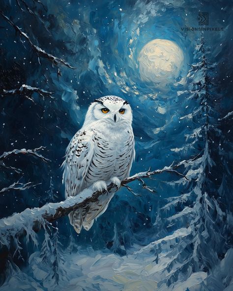 Capture the quiet majesty of a snowy owl perched in a moonlit winter forest, brought to life in the rich, swirling textures of Van Gogh's iconic style. This digital print blends the ethereal beauty of a snowy landscape with the mysterious allure of nocturnal wildlife, making it a perfect piece to add a touch of winter's magic to your decor. WATERMARKS WILL BE REMOVED UPON PURCHASE/DOWNLOAD PRINTABLE ART | Instantly download, print, and frame this captivating wildlife scene. Ideal for enhancing y Snowy Owl Aesthetic, Snowy Owl Painting, Moonlit Winter, Snowy Owl Art, Forest Wildlife, Winter Owl, Forest And Wildlife, Snow Owl, Owl Pictures