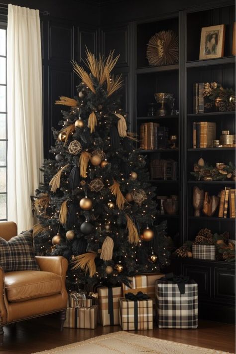 21 Jaw-Dropping Color Schemes Ideas for Black Christmas Tree - H.M.G Black Rustic Christmas Tree, Black Christmas Tree Aesthetic, Boho Christmas Tree Bohemian, Moody Christmas Tree, Christmas Tree Colour Scheme, Black Christmas Tree, Boho Christmas Tree, Bohemian Holiday, Organic Textures