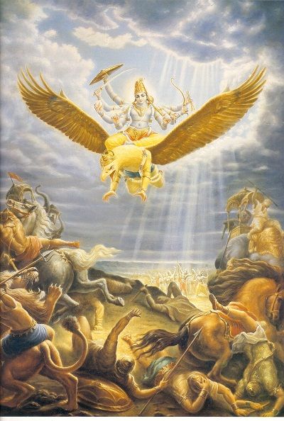 Garuda, the Lord's pure devotee flying. Vishnu Avataras, Rig Veda, Krishna Hindu, Lord Vishnu Wallpapers, Vedic Art, Hinduism Art, Lord Krishna Wallpapers, Krishna Radha Painting, Radha Krishna Art