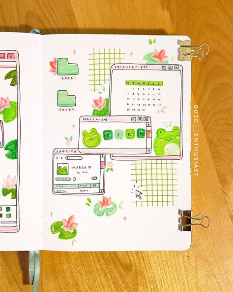 Frog Journal Ideas, March Reading Journal Spread, Bujo Monthly Theme Ideas, Bujo Frog Theme, Bujo Monthly Cover, Dairy Idea, 2024 Journaling, Frog Journal, March Cover Page