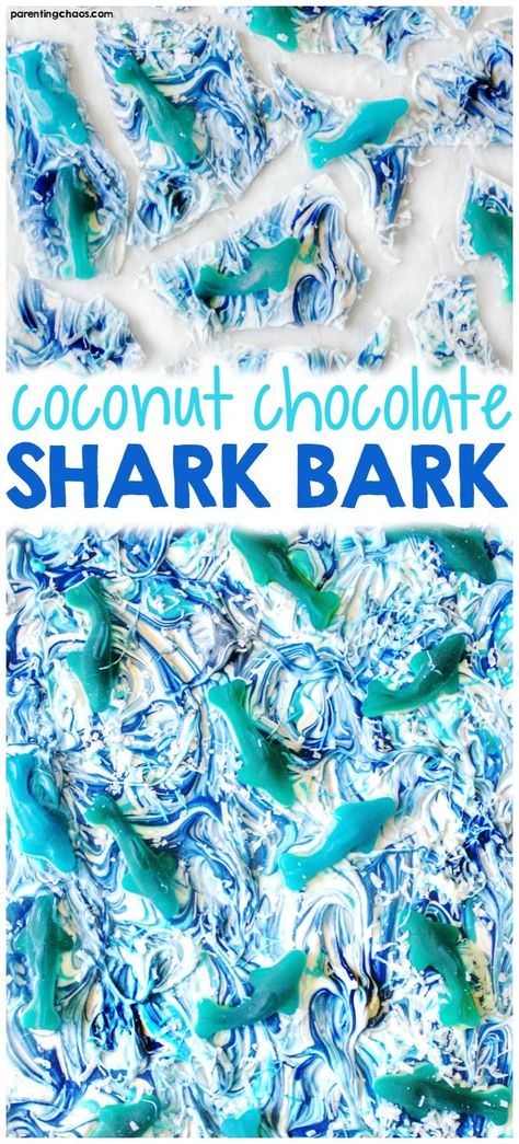 This extremely simple Coconut Chocolate Shark Bark is a fool-proof homemade candy bar that kids will love! Shark Bark, Shark Bite Drink Recipe, Shark Week Drinks, Shark Candy, Week Snacks, Shark Week Recipes, Shark Jokes, Coastal Party, Shake Ideas