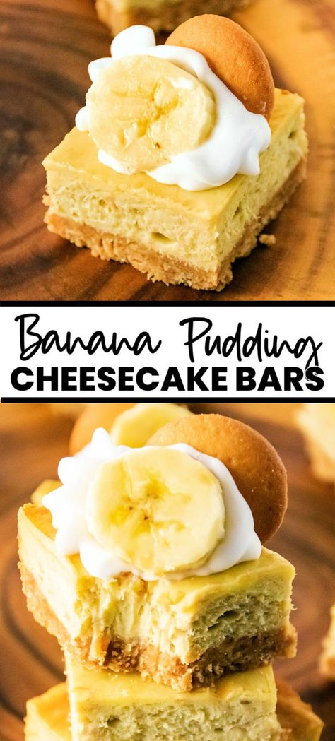 These Banana Pudding Cheesecake Bars combine everything you love about cheesecake and banana pudding into one easy, creamy, delicious dessert bar. We'll use both mashed bananas and pudding mix to get maximum banana flavor on top of a sweet vanilla wafer crust! Banana Pudding Cheesecake Bars Recipe, Banana Pudding Bars Recipe, Banana Pudding Cheesecake Bites, Mini Banana Pudding Cheesecake, Banana Cheesecake Bars, Banana Pudding Bars, Banana Cream Cheesecake Bars, Banana Pudding Cream Cheese, Banana Pudding Cheesecake Squares