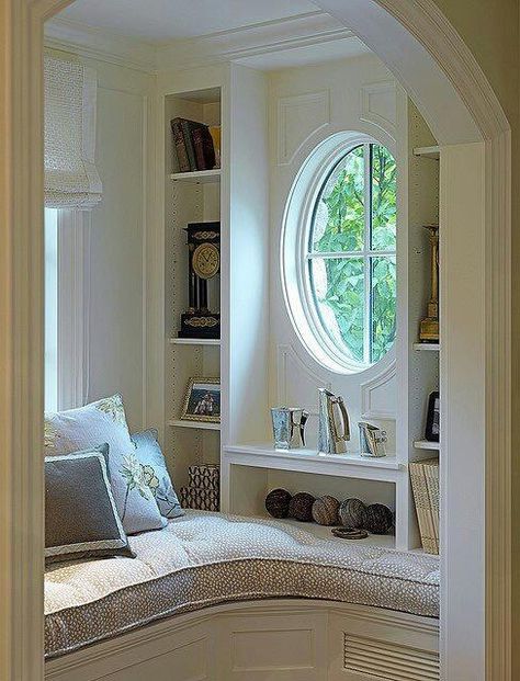 can we do something like this in the stairway landing? Corner Of A Room, Round Window, Hus Inspiration, In The Corner, Pool Design, Design Del Prodotto, Cozy Reading Nook, Cozy Nook, Window Seat