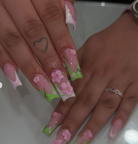 IGN:: @/nailsbyzairaa Green And Pink Acrylic Nails, Pink And Green Nails Acrylic, Nail Cam, Acrylics Nails, Henna Tattoo Designs Hand, Romantic Nails, Homecoming Nails Acrylic, Manicure Tips, Colored Acrylic Nails