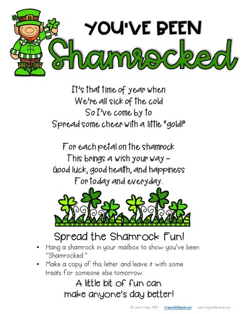 You've Been Shamrocked! • The Trapped Librarian St Patrick’s Day Office Ideas, St Patricks Day Activities For Work, March Staff Morale Booster, March Office Decorations, Silly Mcgilly Ideas Classroom, Morale Boosters, Staff Morale, Staff Motivation, Activity Director