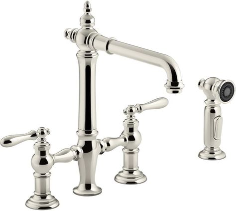 KOHLER K-76519-4-SN Artifacts Deck-Mount Bridge Kitchen Sink Faucet with Lever Handles and Sidespray Vibrant Polished Nickel, Touch On Kitchen Sink Faucets - Amazon Canada Kohler Kitchen Faucet, Kohler Kitchen Sink, Kohler Artifacts, Bar Sink Faucet, Kohler Kitchen, Bridge Faucet, Pot Filler, Bar Sink, Kitchen Faucets