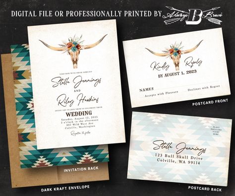 Longhorn Wedding Invitation | Western Invites | Aztec Invite Bohemian Boho Southwest Invitations Rust Gold Teal Blue Aztec Printed or File Longhorn Wedding, Western Invitations, Country Wedding Pictures, Western Wedding Invitations, Skull Wedding, Wedding 2025, Postcard Printing, Unique Invitations, Western Wedding