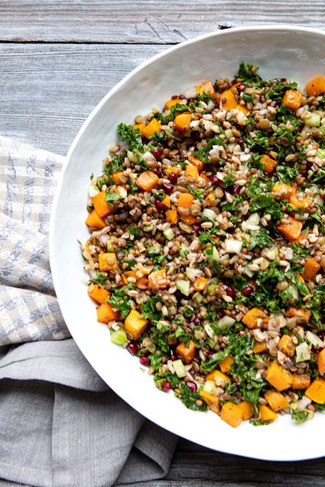 Lentil & Farro Salad With Butternut Squash & Kale | Italian Food Forever Farro Lentil Salad, Italian Farro Salad, Butternut Squash And Farro Recipes, Farro And Butternut Squash Recipes, Farro With Butternut Squash, Lentil Butternut Squash Salad, Squash Farro Salad, Lentil Salads, Kale Butternut Squash Farro Salad