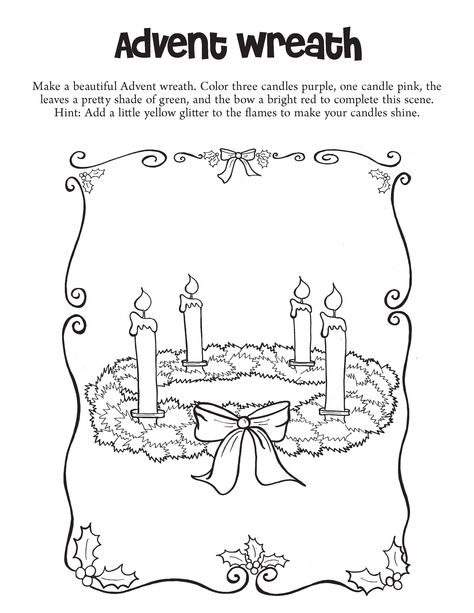 Make a beautiful Advent wreath. Color three candles purple, one candle pink, the leaves a pretty shade of green, and the bow a bright red to complete this scene. Hint: Add a little yellow glitter to the flames to make your candles shine! Catholic Advent Wreath, Meaning Of Advent, Snowflake Outline, Faith Crafts, Christmas Advent Wreath, Pictures To Color, Puppy Coloring Pages, Advent Activities, Valentines Day Coloring Page