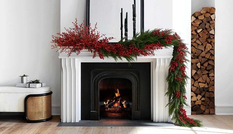 Christmas Decorations for Home & Table 2022 | Crate & Barrel Crate And Barrel Mantel Decor, Card Ornaments, Christmas Fireplace Mantels, Mantel Ideas, Christmas Mantel, Christmas Mantel Decorations, 2022 Christmas, Crate Barrel, Christmas Mantle