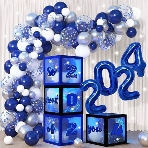 Amazon.com: 141Pcs Graduation Party Decorations 2024 Balloon Boxes Blue and Sliver Balloon Arch Garland Kit with String Lights for College School So Proud of you Class of 2024 Graduation Party Supplies : Toys & Games Blue And Silver Graduation Decorations, Class Of 2024 Graduation Party, Blue And White Graduation Party Ideas, Blue Graduation Decorations, Balloon Boxes, Blue Graduation Party, Blue String Lights, White Party Decorations, Dance Decorations