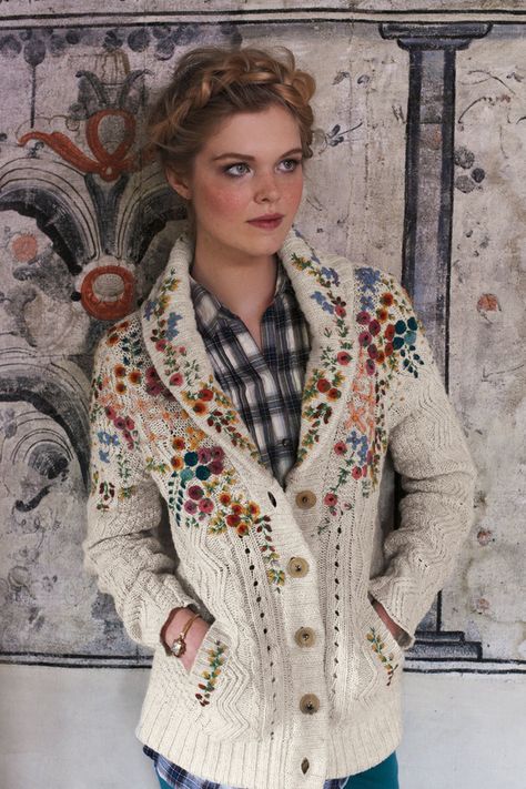 Inspiration - Anthropologie embroidered cableknit cardigan Look Grunge, Floral Sweater, Embroidered Cardigan, Crewel Embroidery, Embroidered Sweater, White Cardigan, Anthropology, Knitting Inspiration, Looks Vintage